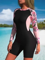 Vibrant Floral Print Rush Guard One-Piece Swimsuit with Shorts - Long Sleeve, Zipper Front, Quick-Drying