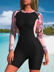 Vibrant Floral Print Rush Guard One-Piece Swimsuit with Shorts - Long Sleeve, Zipper Front, Quick-Drying