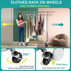 The Heavy-Duty Rolling Clothes Rack with Wheels provides a versatile, sturdy solution for organizing and displaying clothes. With a height-adjustable design, smooth-rolling wheels, and utility hooks, it’s perfect for everything from personal storage to re