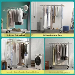 The Heavy-Duty Rolling Clothes Rack with Wheels provides a versatile, sturdy solution for organizing and displaying clothes. With a height-adjustable design, smooth-rolling wheels, and utility hooks, it’s perfect for everything from personal storage to re