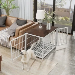 Wisfor Heavy Duty Furniture-Style Dog Crate, Iron Pet Kennel Cage, Durable Wooden Top, with Removable Tray, 3 Lockable Doors, for Medium Dogs