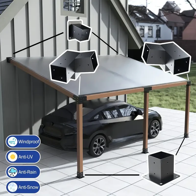 6pcs Black Powder-Coated Pergola Bracket Kit - 15° Slanted Roof, Wall Mount Design for Porch & Gazebo, Durable Metal Outdoor Furniture Hardware with Adjustable Louvered Roof