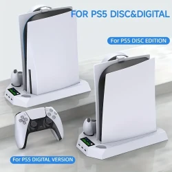 For PS5 Stand And Cooling Station With Dual Controller Charging Station For PS 5 Console, For PS5 Accessories Incl. Controller Charger, Cooling Fan, Headset Holder, 3 USB Hub, Media Slot, Screw White