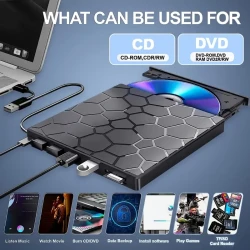 8-in-1 Ultra-Slim Portable External CD/DVD Drive - High-Speed USB 3.0 DVD Player and CD Burner for Laptop and Desktop