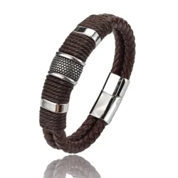 Vintage Multilayer Brown PU Leather Men Bracelet, Stone Bead Bracelet, Stainless Steel Jewelry Wrist Bangle Gift, Father's Day Gift