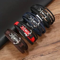 Fashion Men's Faux Leather Bracelet, Cool Multi-layer Braided Men's Versatile Magnetic Buckle Boat Anchor Bracelet