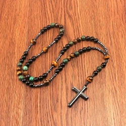 Retro Natural Stone Turquoise Tiger Eye Black Hematite Cross Pendant, Men's Original Stone Prayer Beads Rosary Necklace