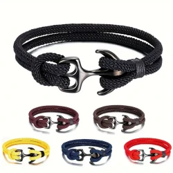 Unique Black Anchor Shape Buckle Boho Chic Paracord Rope Wristband - Durable Synthetic Fiber Construction, Nautical Survival Rope Design, Perfect for Outdoor Camping, Fashion Jewelry for Women and Men