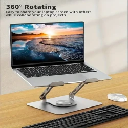 Ergonomic Stainless Steel Laptop Stand with 360° Rotating Base, Adjustable Height & Multi-Angle Folding Design - Fits 25.4-39.62cm Notebooks - Silvery Gray