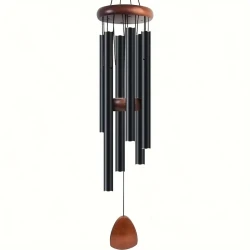 Soothing 26-Inch Deep Tone Wind Chimes - Black Aluminum & Durable Pine Wood