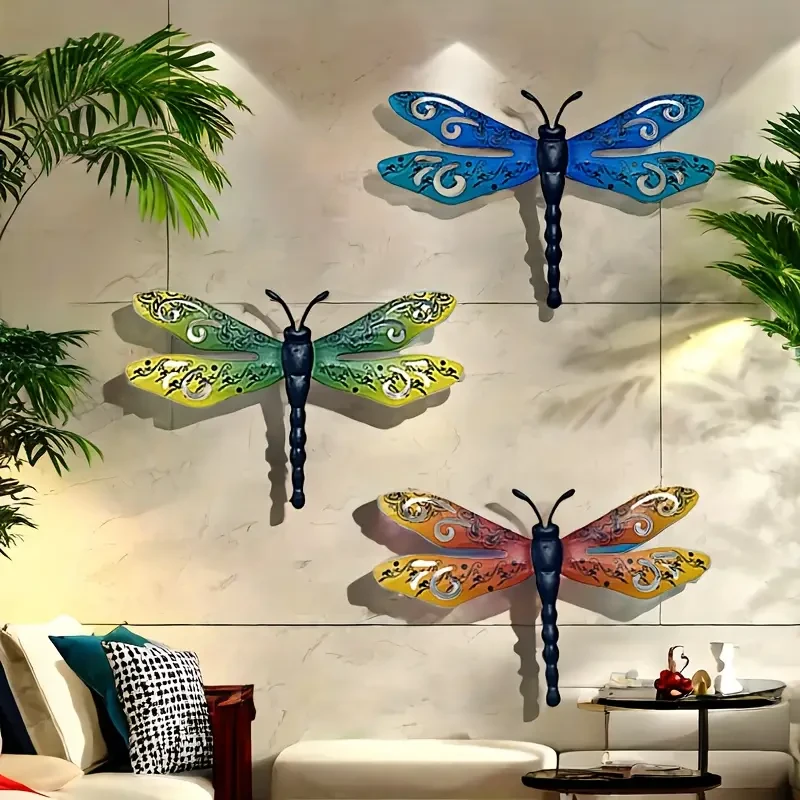 Set of 3 Decorative Metal Dragonfly Wall Art, Large 14-Inch Iron Dragonflies for Outdoor Garden Fence