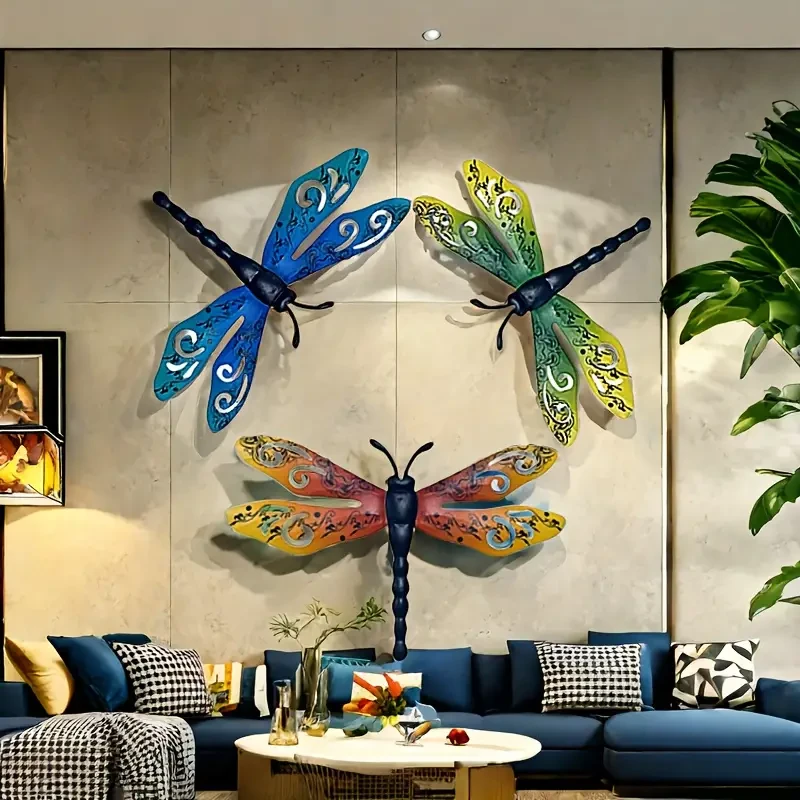 Set of 3 Decorative Metal Dragonfly Wall Art, Large 14-Inch Iron Dragonflies for Outdoor Garden Fence