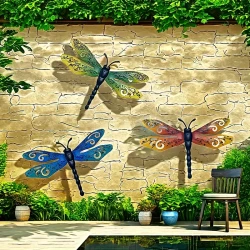 Set of 3 Decorative Metal Dragonfly Wall Art, Large 14-Inch Iron Dragonflies for Outdoor Garden Fence