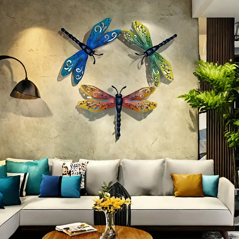 Set of 3 Decorative Metal Dragonfly Wall Art, Large 14-Inch Iron Dragonflies for Outdoor Garden Fence