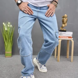 Men's Casual Fashion Multi-Pocket Cargo Jeans, Loose Fit Wide Leg Streetwear Denim Pants, Basic Style