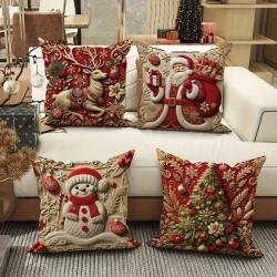 4pcs Festive Velvet Throw Pillow Covers, Christmas Santa, Reindeer, Snowman, and Tree Designs, Soft Comfortable Cushion Cases for Home Sofa and Bed Decor, Contemporary Style, Zippered Linen Fabric, Machine Washable