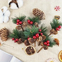 24PCS Artificial Pine Picks with Red Berries and Pinecones, Americana Style Faux Pine Needle Sprigs, Plastic Christmas Craft Greens for DIY Wreaths, Seasonal Decor Without Electricity, Featherless