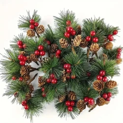 24PCS Artificial Pine Picks with Red Berries and Pinecones, Americana Style Faux Pine Needle Sprigs, Plastic Christmas Craft Greens for DIY Wreaths, Seasonal Decor Without Electricity, Featherless