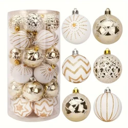 30-Pack Golden & White Shatterproof Christmas Decorations, 6.02cm Hand-Painted Festive Tree Ornaments & Wedding Decorations - Multi-Color Caps, Plastic, No Electricity, Featherless, for Christmas & New Year'S Day