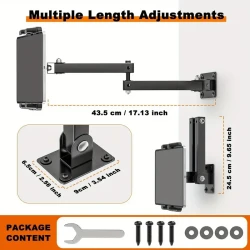 Aluminum Alloy Tablet Wall Mount Stand with 360° Rotating Adjustable Arm, Sturdy Metal Base, Clip Holder, Compatible with 11.94-34.29 cm Tablets & Smartphones