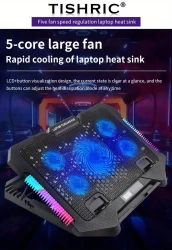 TISHRIC RGB Laptop Cooling Pad with 5 Fans, 6-Speed Height Adjustable, Dual USB Charging Ports, Ergonomic Stand for 30.48-43.18 cm Notebooks