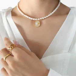 Fresh Water Pearl Chain Oval Brand Inlaid Zircon Color Shell Embossed Flower Necklace