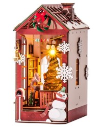 ROBOTIME DIY Christmas Dollhouse Wood Kit Book Nook BookShelf Decoration Gift, LED Lights TGC07