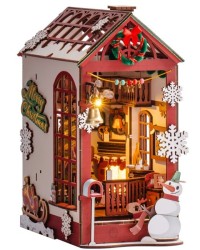 ROBOTIME DIY Christmas Dollhouse Wood Kit Book Nook BookShelf Decoration Gift, LED Lights TGC07