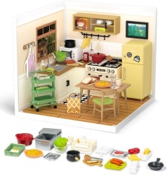 ROBOTIME Rolife Happy Meals Kitchen Miniature House Kits Super World Dolls House Model Kits With Furniture And Accessories Christmas Dollhouse For Girls Craft Kits For Adults DW008