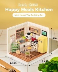 ROBOTIME Rolife Happy Meals Kitchen Miniature House Kits Super World Dolls House Model Kits With Furniture And Accessories Christmas Dollhouse For Girls Craft Kits For Adults DW008