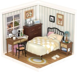 ROBOTIME Rolife Sweet Dream Bedroom Miniature House Kits Super World Dolls House Model Kits With Furniture And Accessories Christmas Dollhouse For Girls Craft Kits For Adults DW009