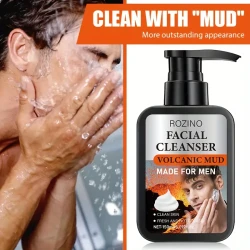 ROZINO Facial Cleanser for Men, Volcanic Mud Deep Cleansing Cream, Pore & Blackhead Cleansing, Moisturizing Face Wash, Alcohol-Free with Glycerin, Fresh Scent for All Skin Types, 150ml