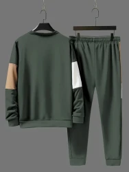 2Pcs Men's Stylish Color Block Jogger Set - Comfy Crew Neck Long Sleeve Sweatshirt & Sweatpants - Ideal for Winter & Fall Casual Wear