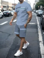 2-piece Men's Novelty Color Blocked Summerco ord set, Men's Short Sleeve Crew Neck T-shirt & Drawstring Shorts With Pockets