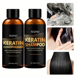 ROZINO Keratin Shampoo and Conditioner Set, 2pcs - Deep Conditioning and Cleaning Care for Dry Hair, Unisex-adult, Glycerin Enriched, Smooth Silky Finish, Hydrating Long-Lasting Scent, Hair Care Combo