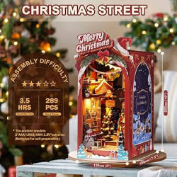 ROBOTIME DIY Miniature Dollhouse Wood Kit Book Nook Shelf Insert Kit, Christmas Street With LED Lights TGC06