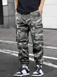 Men's Trendy Camouflage Footed Cargo Pants With Side Pocket, Casual Loose Fit Trousers For Men's Outdoor Activities