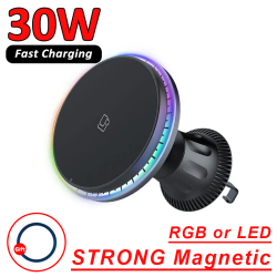 30W Magnetic Car Wireless Charger RGB - Fast Charging Phone Holder Stand Mount for iPhone 12, 13, 14, 15 Pro Max