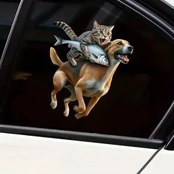 Funny Cat Riding Dog High-Quality Vinyl Decal, Self-Adhesive Waterproof