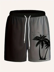 Mens Stylish Coconut Tree Print Shorts - Gradient Hue with Drawstring Waist & Pockets - Perfect for Summer Beach Vacations - Lightweight, Liner-Free Design