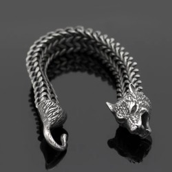 Men's Stainless Steel Black Wolf Head Cuban Chain Bracelet