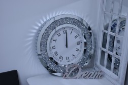 Wall Clock Crystal Diamond Mirrored Large Sparkly Silver