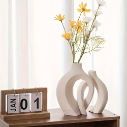 Hollow Nordic Modern Ceramic Vase Set of 2 - Modern Boho Hollow Flower Vases for Living Room and Bookshelf