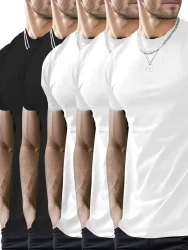 5pcs, Men's Solid Color Slim Fit Crew Neck And Short Sleeve T-shirts, Comfy Tops For Summer Casual And Sports Wear