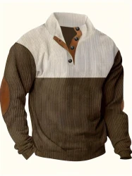 Men's Contrast Color Long Sleeve And Stand Collar Henley Shirt With Patchwork Pieces, Chic And Trendy Tops For Spring And Autumn Outdoors Leisurewear