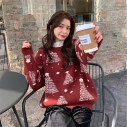 Red Christmas Tree Jacquard Warm Sweater Women