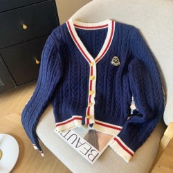 V-collar Contrast Color Knitted Cardigan Waist Slimming Cable-knit Sweater