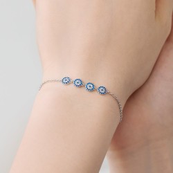 Evil Eye Charm Bracelet - Sterling Silver with Blue CZ Stones