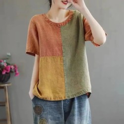 Cotton Linen Contrast Color T-shirt Artistic Design