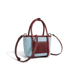 Top Layer Cowhide With Denim Cloth Vegetable Basket Bag Niche Splicing Single Shoulder Crossbody